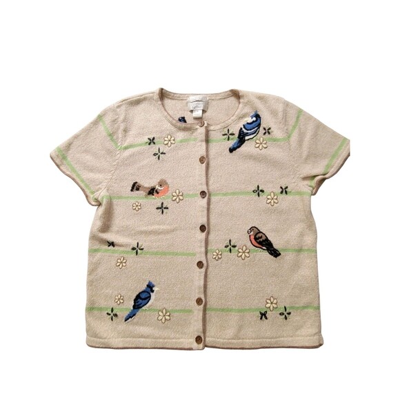 Womens Medium Christopher & Banks Cardigan Short Sleeve Hand Embroidered Birds - Picture 1 of 5